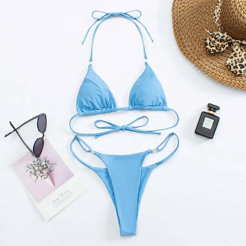 Sexy Triangle Bathing Suit for Women Fashion Solid Lace up High Cut Thong Bikini Summer 2025 New Beach Micro Bikini Swimwear