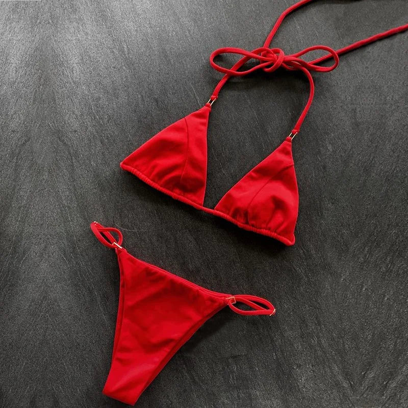 Sexy Triangle Bathing Suit for Women Fashion Solid Lace up High Cut Thong Bikini Summer 2025 New Beach Micro Bikini Swimwear