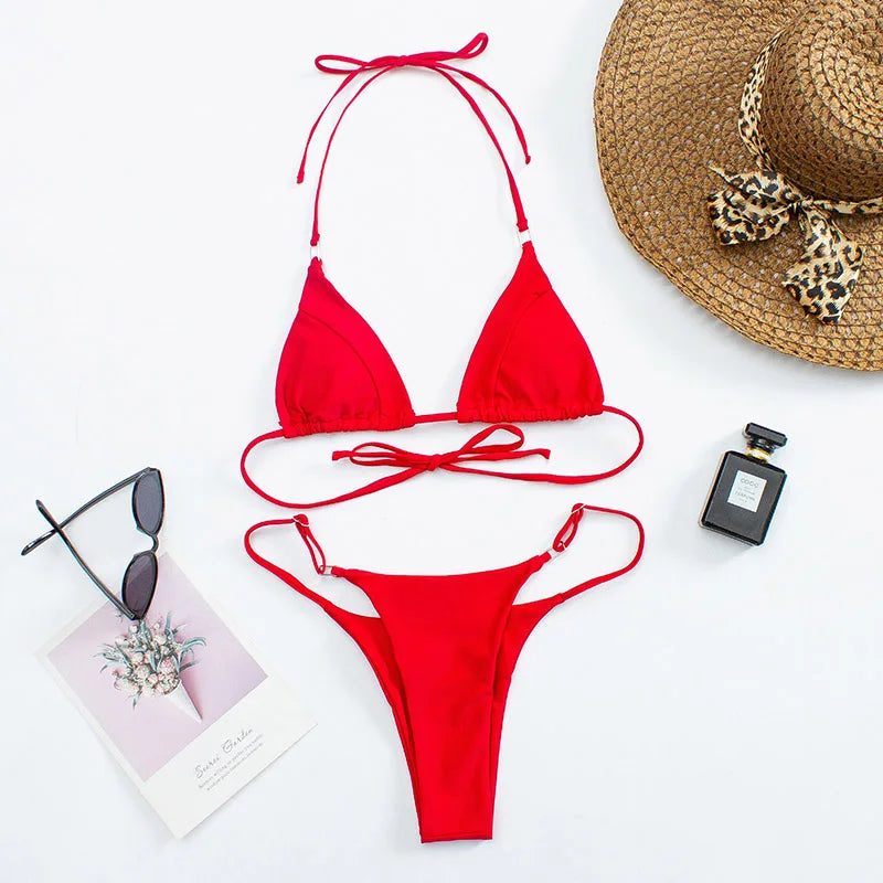 Sexy Triangle Bathing Suit for Women Fashion Solid Lace up High Cut Thong Bikini Summer 2025 New Beach Micro Bikini Swimwear