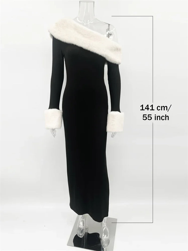 Fluffy Winter Slim Maxi Dress Female High Waist Long Sleeve Sexy Off-Shoulder Patchwork Bodycon Dress Ladies Party Dress