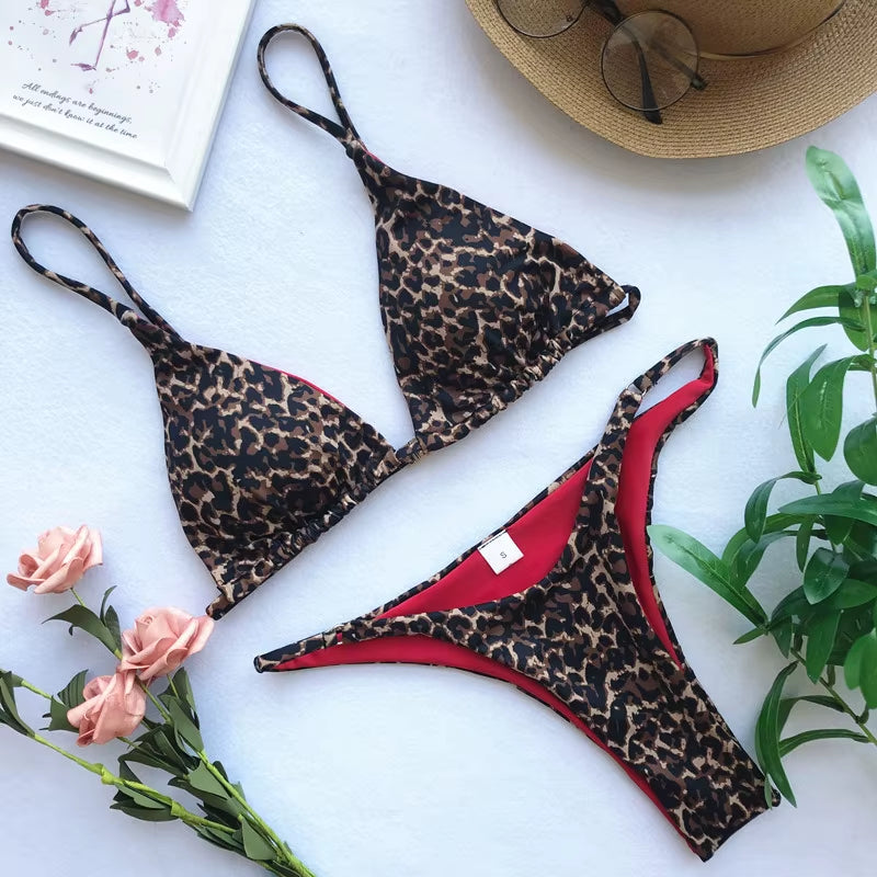 2024 Micro Leopard Bikini Women High Cut Bandage Push up Swimsuit Sexy Bathing Suit Padded Thong Swimwear,Summer Beach Vacation