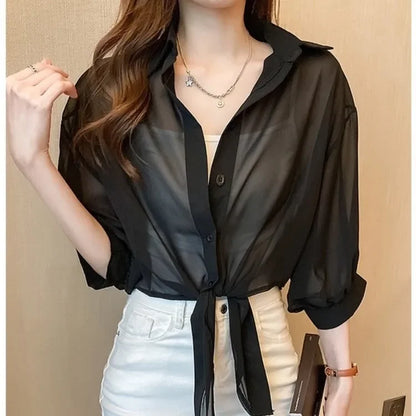 2024 New Summer Chiffon Blouse Sunscreen Clothes Women'S Top Jacket Thin Style Skirt Outerwear Cardigan Little Shrug