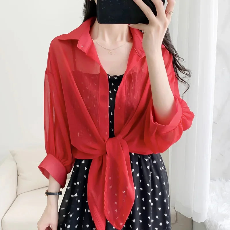 2024 New Summer Chiffon Blouse Sunscreen Clothes Women'S Top Jacket Thin Style Skirt Outerwear Cardigan Little Shrug