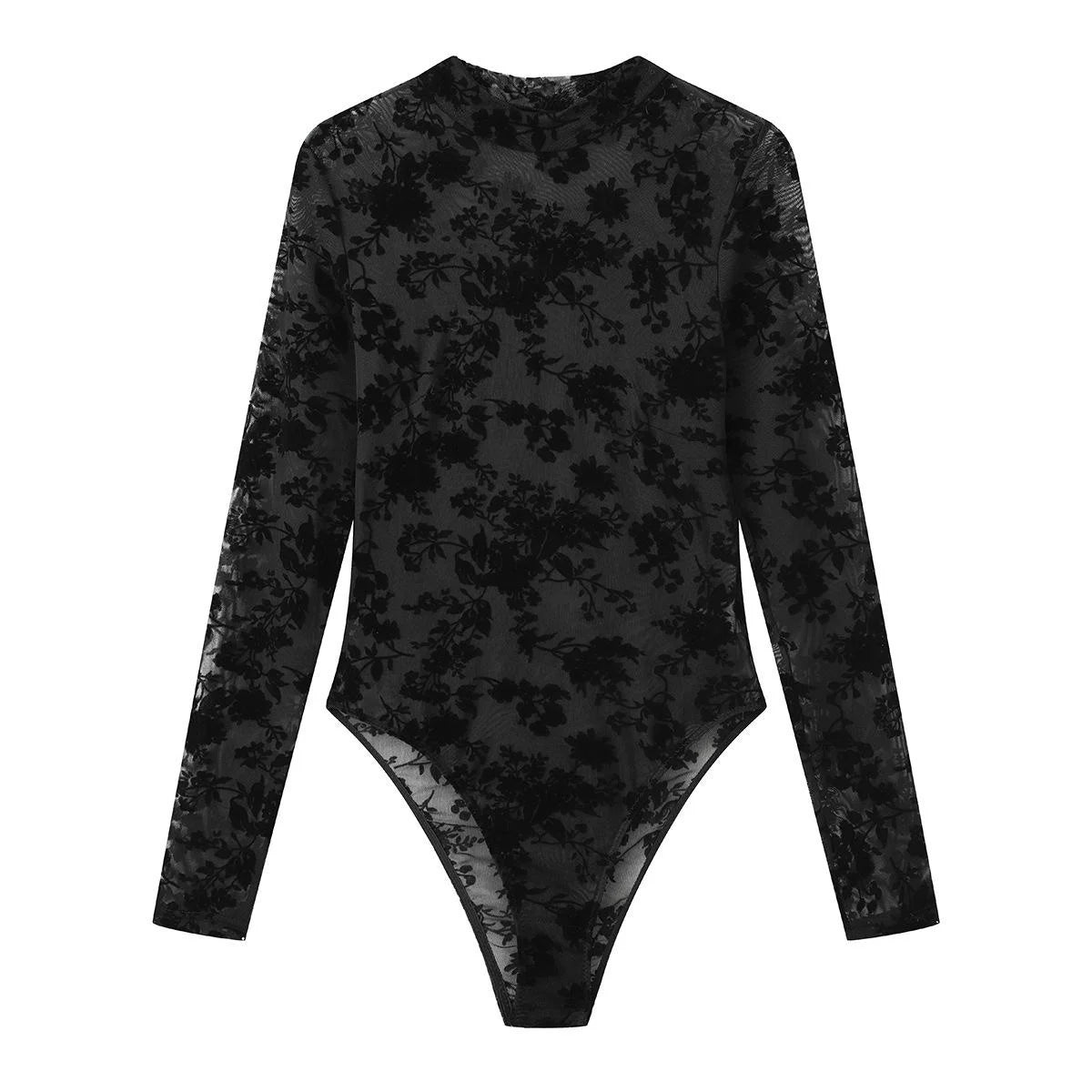 Sexy Women'S Black Floral Flocking Sheer Mesh Mock Neck Long Sleeve Bodysuit