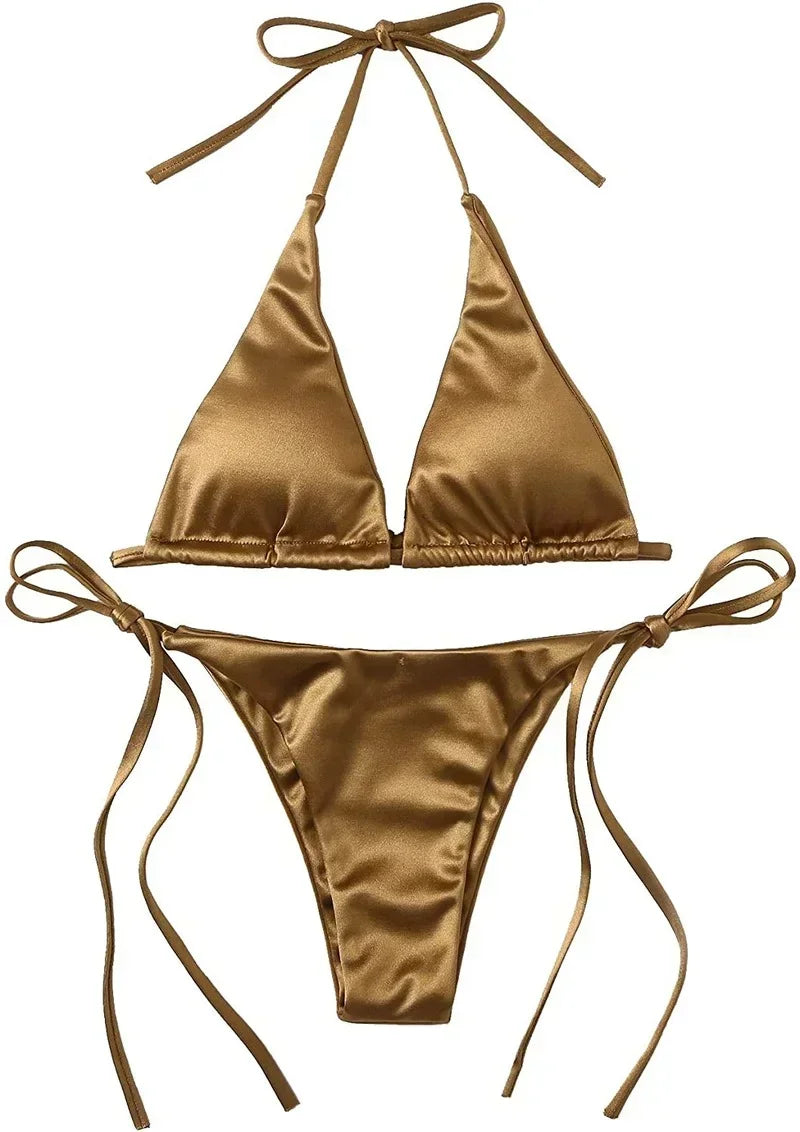 Sexy Women'S Metallic Halter Top Two Piece Swimsuit Tie Side Triangle Bikini Summer Solid Bathing Suit Beachwear Bikini Set