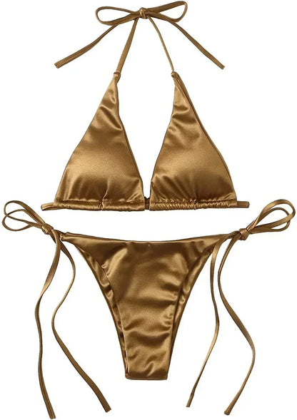 Sexy Women'S Metallic Halter Top Two Piece Swimsuit Tie Side Triangle Bikini Summer Solid Bathing Suit Beachwear Bikini Set