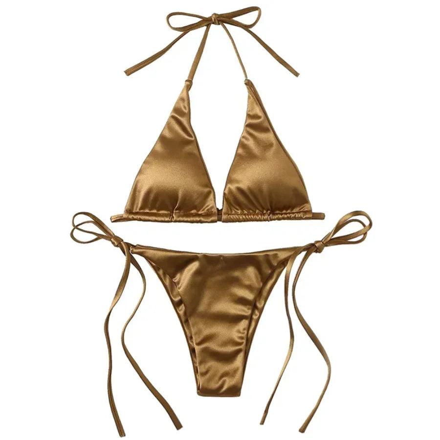 Sexy Women'S Metallic Halter Top Two Piece Swimsuit Tie Side Triangle Bikini Summer Solid Bathing Suit Beachwear Bikini Set