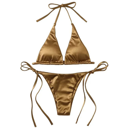Sexy Women'S Metallic Halter Top Two Piece Swimsuit Tie Side Triangle Bikini Summer Solid Bathing Suit Beachwear Bikini Set