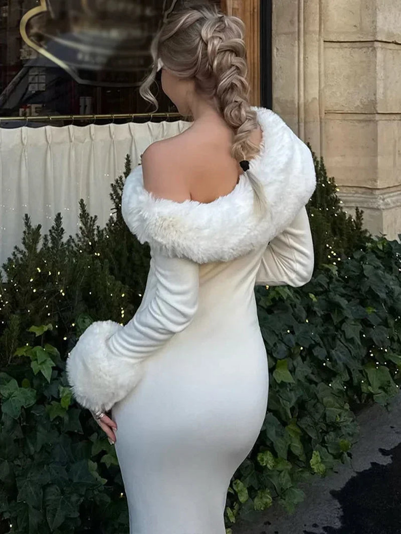 Fluffy Winter Slim Maxi Dress Female High Waist Long Sleeve Sexy Off-Shoulder Patchwork Bodycon Dress Ladies Party Dress