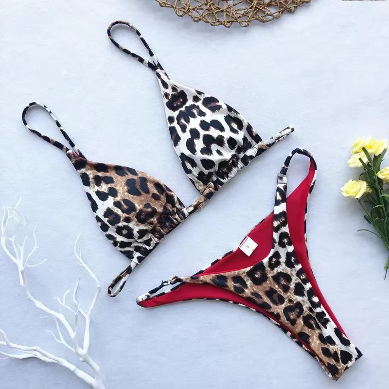 2024 Micro Leopard Bikini Women High Cut Bandage Push up Swimsuit Sexy Bathing Suit Padded Thong Swimwear,Summer Beach Vacation