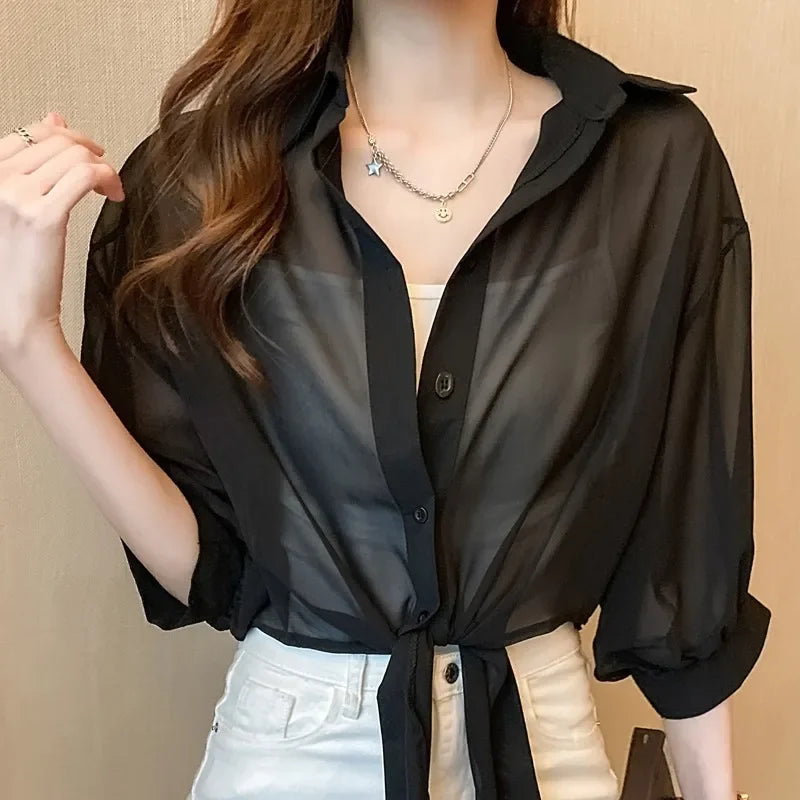 2024 New Summer Chiffon Blouse Sunscreen Clothes Women'S Top Jacket Thin Style Skirt Outerwear Cardigan Little Shrug