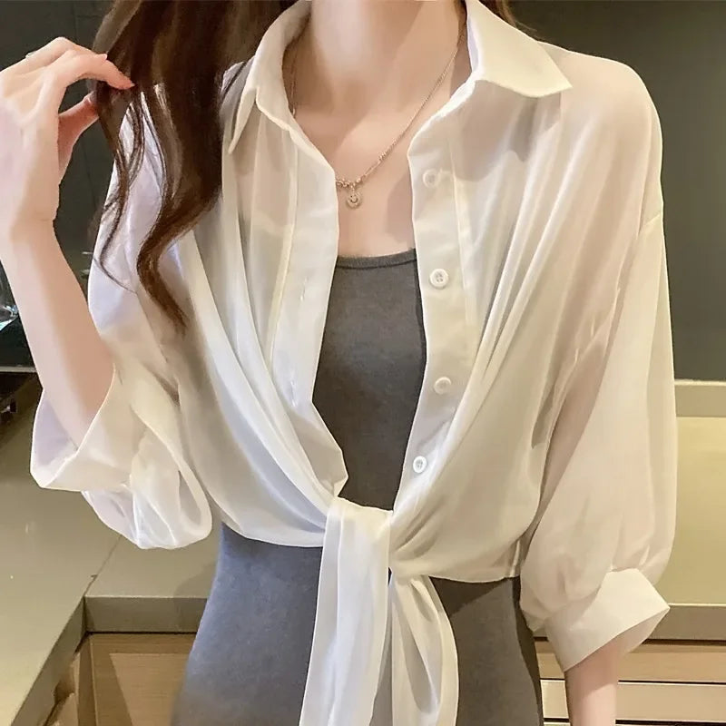 2024 New Summer Chiffon Blouse Sunscreen Clothes Women'S Top Jacket Thin Style Skirt Outerwear Cardigan Little Shrug