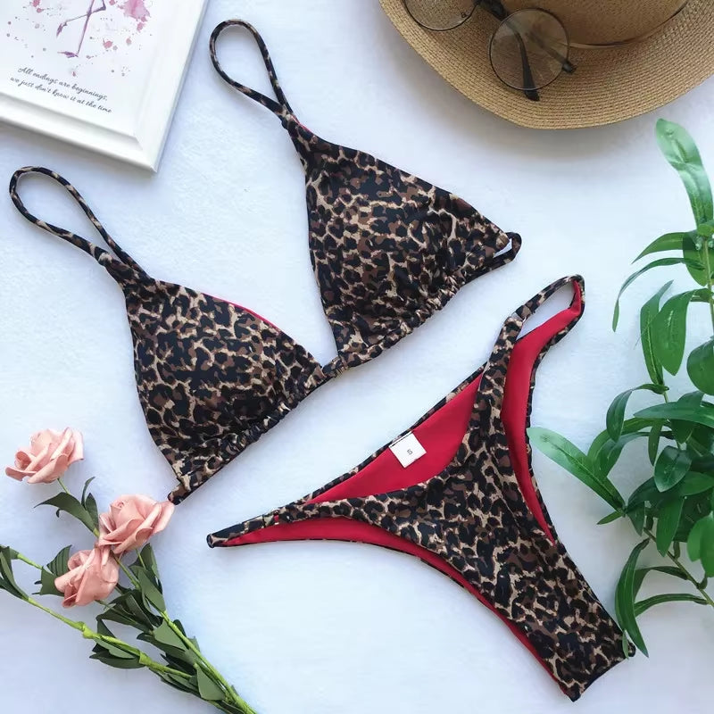 2024 Micro Leopard Bikini Women High Cut Bandage Push up Swimsuit Sexy Bathing Suit Padded Thong Swimwear,Summer Beach Vacation