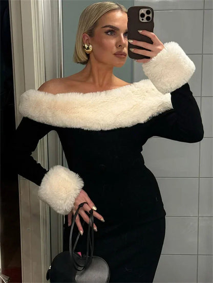 Fluffy Winter Slim Maxi Dress Female High Waist Long Sleeve Sexy Off-Shoulder Patchwork Bodycon Dress Ladies Party Dress